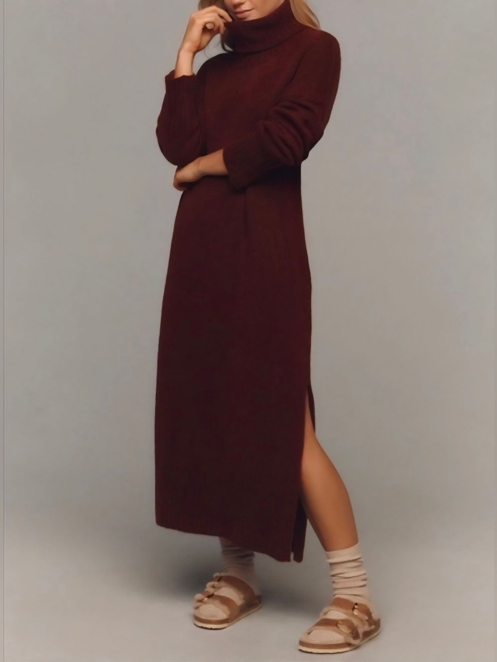 Anthropologie Daily Practice Maxi Dress Maroon Turtleneck Relaxed Comfy M PETITE